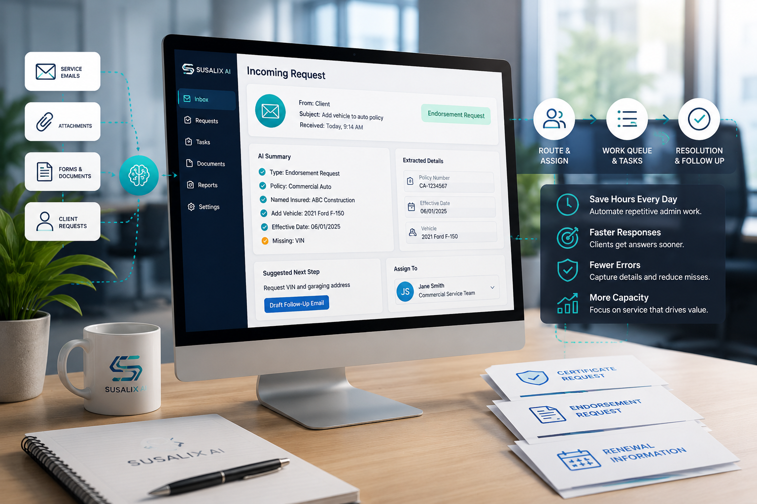 AI workflow automating service requests and document processing for a commercial insurance agency