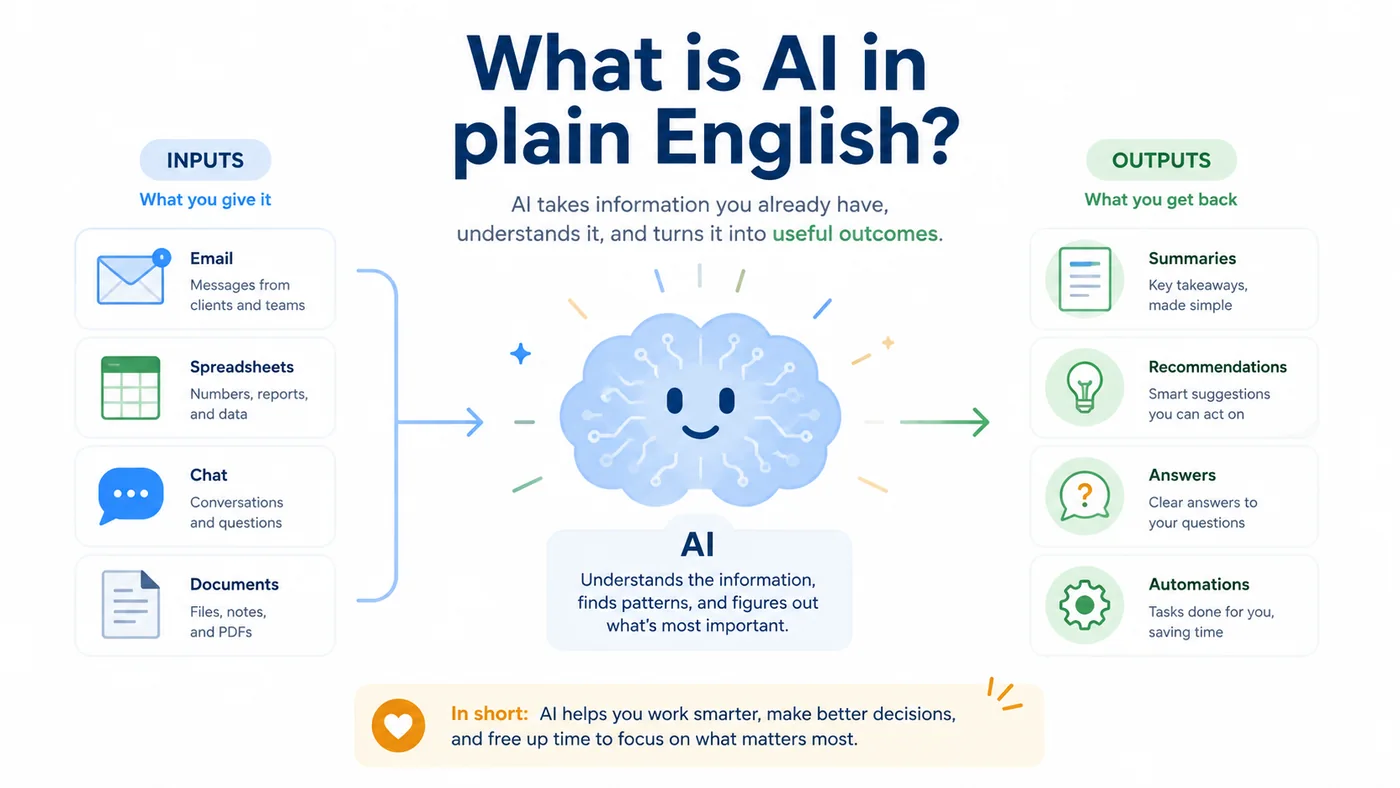 Plain-English AI inputs and outputs diagram